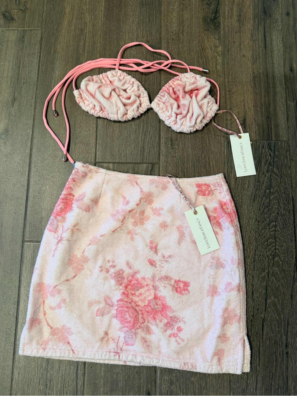 LoveShackFancy Pink Floral Two-Piece Set - Bikini Style Top & Mini Skirt NWT